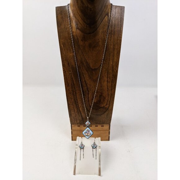 Finift Jewelry - Vintage Finift Jewelry Set Floral Painting USSR Russia Pendant Necklace Earrings